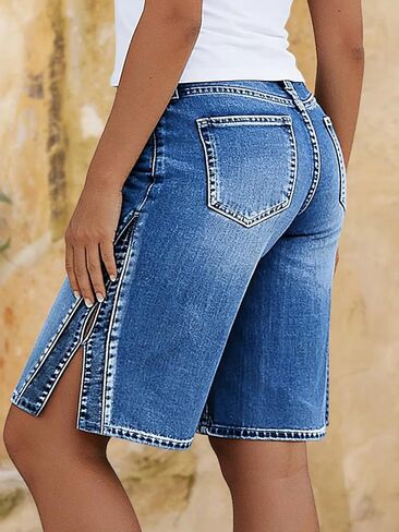 Flamingals Wide Leg Bermuda Shorts for Women Mid Waist Washed Split Hollow Out Trendy Denim Shorts in Saudi Arabia