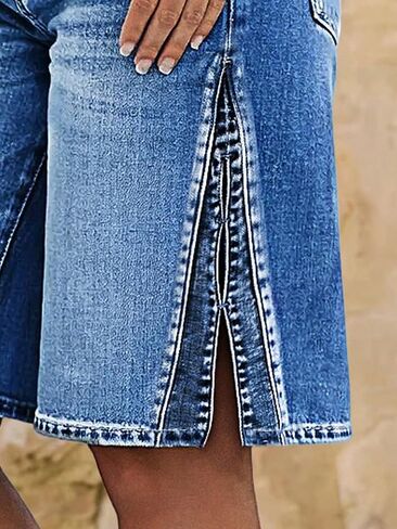 Flamingals Wide Leg Bermuda Shorts for Women Mid Waist Washed Split Hollow Out Trendy Denim Shorts in Saudi Arabia
