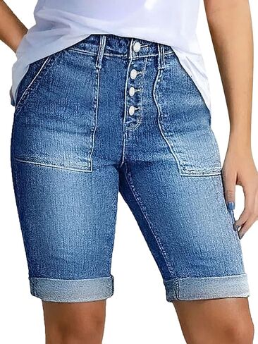 Flamingals High Waisted Denim Bermuda Shorts for Women Knee Length Button Fly Roll Hem Stretchy Jean Shorts Summer Casual in Kuwait