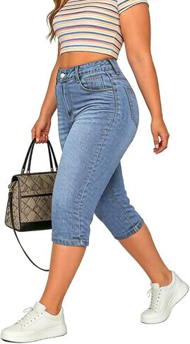 Cuyulitcik Womens Plus Size Knee Length Shorts Long Denim Shorts Summer Denim Shorts High Rise Trendy in Saudi Arabia