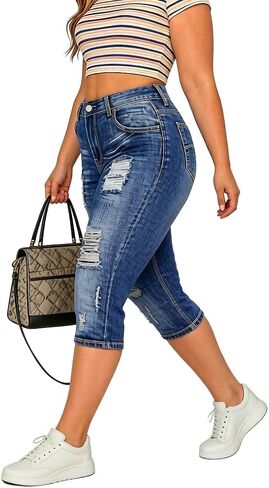 Cuyulitcik Womens Plus Size Knee Length Shorts Long Denim Shorts Summer Denim Shorts High Rise Trendy in Kuwait