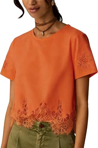 Aimiray Women's Cropped Lace Tops Short Sleeve Crew Neck Blouse Lace Trim Casual Loose Summer T Shirt in Saudi Arabia