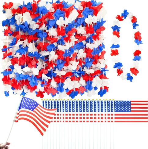 Decodinli 40 PCS Patriotic Leis and American Flags 4th of July Leis Red White and Blue Flower Leis 4th of July Accessories Red White and Blue Necklace Decorations Independence Day Party Favors in Saudi Arabia