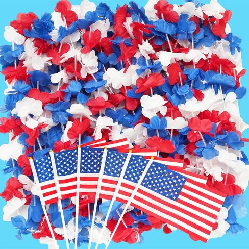 Decodinli 40 PCS Patriotic Leis and American Flags 4th of July Leis Red White and Blue Flower Leis 4th of July Accessories Red White and Blue Necklace Decorations Independence Day Party Favors in Saudi Arabia
