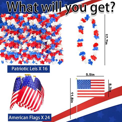 Decodinli 40 PCS Patriotic Leis and American Flags 4th of July Leis Red White and Blue Flower Leis 4th of July Accessories Red White and Blue Necklace Decorations Independence Day Party Favors in Saudi Arabia