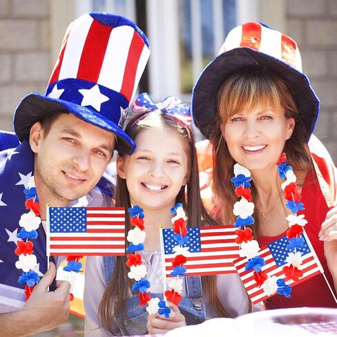 Decodinli 40 PCS Patriotic Leis and American Flags 4th of July Leis Red White and Blue Flower Leis 4th of July Accessories Red White and Blue Necklace Decorations Independence Day Party Favors in Saudi Arabia