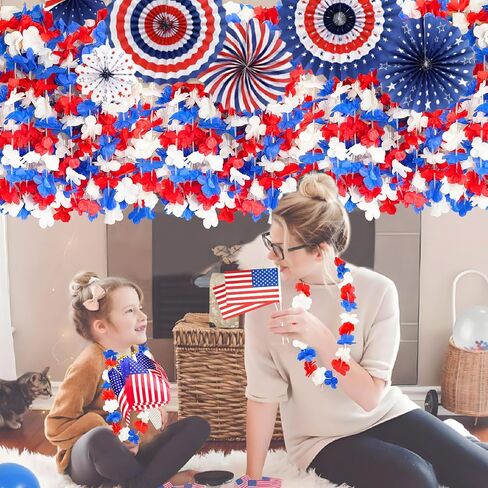 Decodinli 40 PCS Patriotic Leis and American Flags 4th of July Leis Red White and Blue Flower Leis 4th of July Accessories Red White and Blue Necklace Decorations Independence Day Party Favors in Saudi Arabia