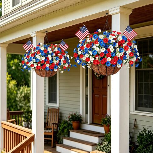 Artificial Hanging Flower Baskets, Red, White, and Blue Patriotic Faux Flowers, UV Resistant, for Outdoor Porch, 4th of July Decor, 2 Pack in Saudi Arabia