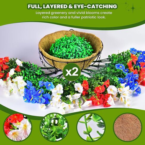 Artificial Hanging Flower Baskets, Red, White, and Blue Patriotic Faux Flowers, UV Resistant, for Outdoor Porch, 4th of July Decor, 2 Pack in Saudi Arabia