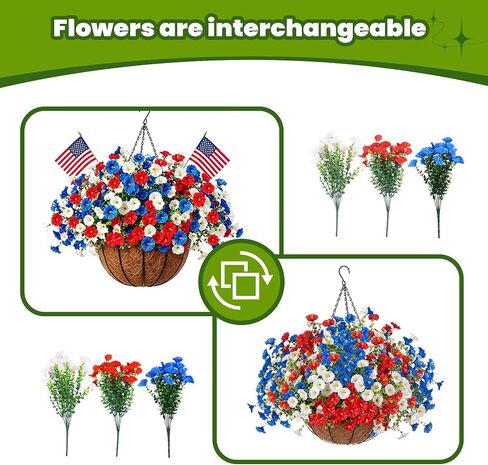 Artificial Hanging Flower Baskets, Red, White, and Blue Patriotic Faux Flowers, UV Resistant, for Outdoor Porch, 4th of July Decor, 2 Pack in Saudi Arabia