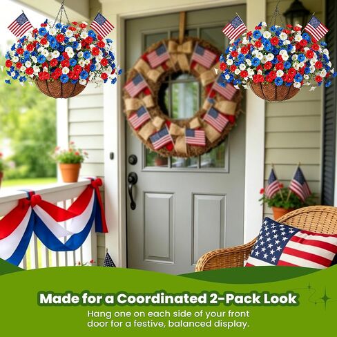 Artificial Hanging Flower Baskets, Red, White, and Blue Patriotic Faux Flowers, UV Resistant, for Outdoor Porch, 4th of July Decor, 2 Pack in Saudi Arabia