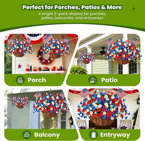 Artificial Hanging Flower Baskets, Red, White, and Blue Patriotic Faux Flowers, UV Resistant, for Outdoor Porch, 4th of July Decor, 2 Pack in Saudi Arabia