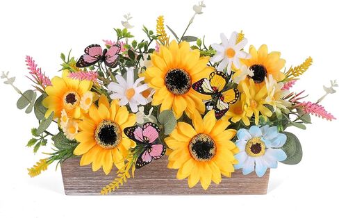 Summer Sunflower Table Centerpieces Rustic Artificial Floral Arrangements Wooden Crate, Rectangular Wooden Planter with Yellow Sunflowers for Tiered Tray Shelf Table Home Farmhouse Decor in Saudi Arabia