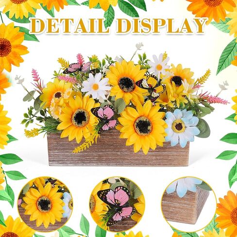 Summer Sunflower Table Centerpieces Rustic Artificial Floral Arrangements Wooden Crate, Rectangular Wooden Planter with Yellow Sunflowers for Tiered Tray Shelf Table Home Farmhouse Decor in Saudi Arabia