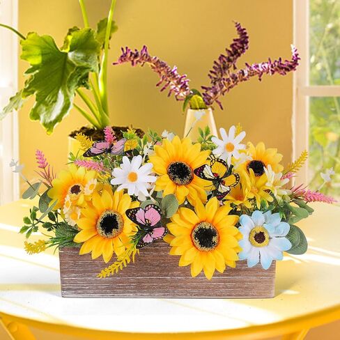 Summer Sunflower Table Centerpieces Rustic Artificial Floral Arrangements Wooden Crate, Rectangular Wooden Planter with Yellow Sunflowers for Tiered Tray Shelf Table Home Farmhouse Decor in Saudi Arabia