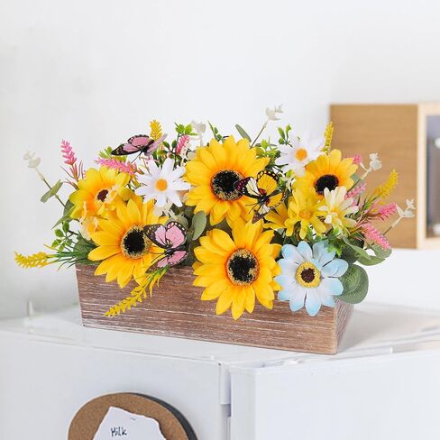 Summer Sunflower Table Centerpieces Rustic Artificial Floral Arrangements Wooden Crate, Rectangular Wooden Planter with Yellow Sunflowers for Tiered Tray Shelf Table Home Farmhouse Decor in Saudi Arabia