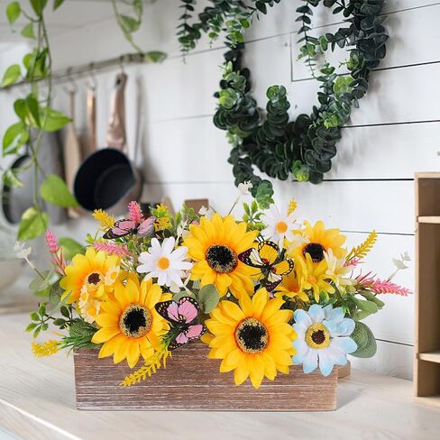 Summer Sunflower Table Centerpieces Rustic Artificial Floral Arrangements Wooden Crate, Rectangular Wooden Planter with Yellow Sunflowers for Tiered Tray Shelf Table Home Farmhouse Decor in Saudi Arabia