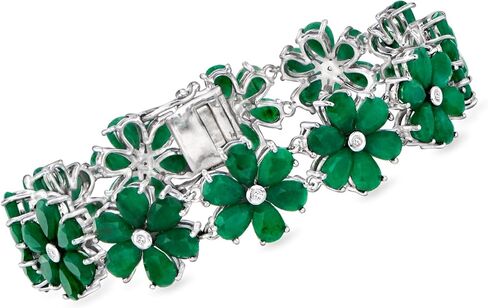 Ross-Simons 30.00 ct. t.w. Emerald and .10 ct. t.w. Diamond Flower Bracelet in Sterling Silver. 7 inches in Saudi Arabia
