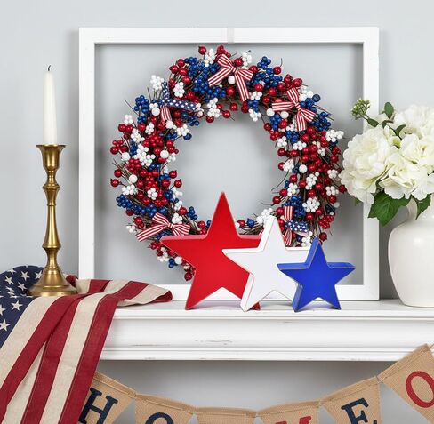 Patriotic Wooden Star Decor Set Red White Blue Americana Rustic Farmhouse Stars 4th of July Memorial Day Tiered Tray Shelf Table Centerpiece Decorations in Kuwait