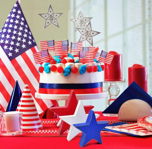 Patriotic Wooden Star Decor Set Red White Blue Americana Rustic Farmhouse Stars 4th of July Memorial Day Tiered Tray Shelf Table Centerpiece Decorations in Kuwait
