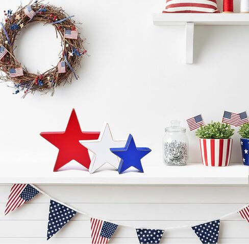 Patriotic Wooden Star Decor Set Red White Blue Americana Rustic Farmhouse Stars 4th of July Memorial Day Tiered Tray Shelf Table Centerpiece Decorations in Kuwait