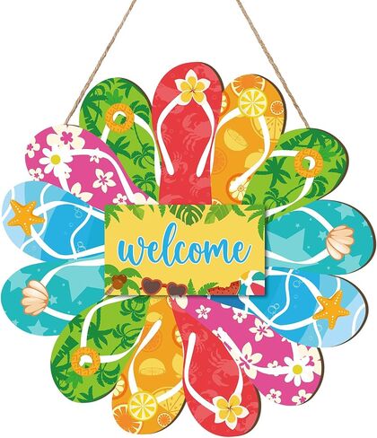 Yousoontic Summer Slippers Hanging Sign Flip Flop Shape Welcome Wooden Door Sign with Rope Rustic Wall Decorations for Summer Yard Indoor Outdoor Front Door Decor, 11.8 Inch in Kuwait