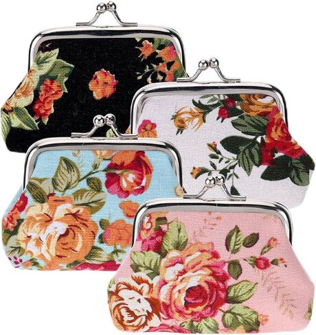 16 Pcs Canvas Floral Coin Purses Vintage Kiss Lock Coin Purses Bulk, Cute Mini Wallet Pouch Rose Flower Change Wallets for Women, Small Wallets Party Favors, 4 X 3 Inch Vintage Coin Purses in Saudi Arabia
