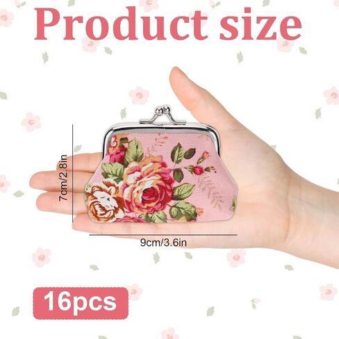 16 Pcs Canvas Floral Coin Purses Vintage Kiss Lock Coin Purses Bulk, Cute Mini Wallet Pouch Rose Flower Change Wallets for Women, Small Wallets Party Favors, 4 X 3 Inch Vintage Coin Purses in Saudi Arabia