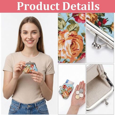 16 Pcs Canvas Floral Coin Purses Vintage Kiss Lock Coin Purses Bulk, Cute Mini Wallet Pouch Rose Flower Change Wallets for Women, Small Wallets Party Favors, 4 X 3 Inch Vintage Coin Purses in Saudi Arabia