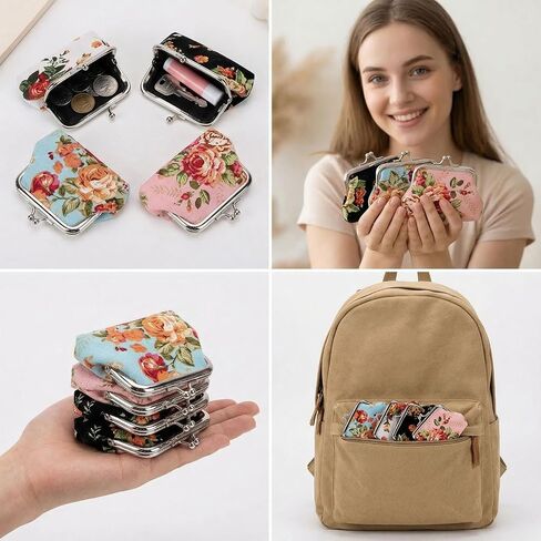 16 Pcs Canvas Floral Coin Purses Vintage Kiss Lock Coin Purses Bulk, Cute Mini Wallet Pouch Rose Flower Change Wallets for Women, Small Wallets Party Favors, 4 X 3 Inch Vintage Coin Purses in Saudi Arabia