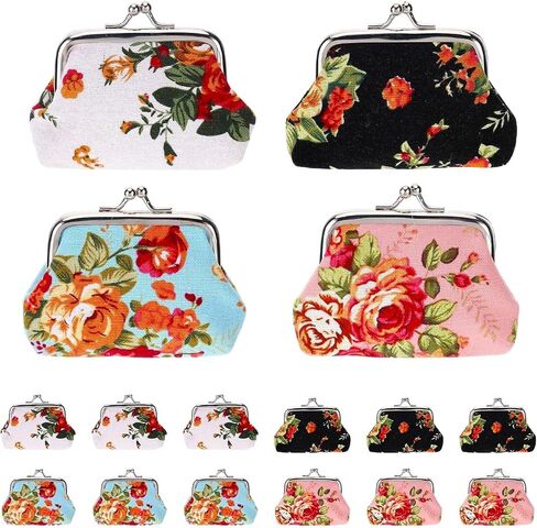 16 Pcs Canvas Floral Coin Purses Vintage Kiss Lock Coin Purses Bulk, Cute Mini Wallet Pouch Rose Flower Change Wallets for Women, Small Wallets Party Favors, 4 X 3 Inch Vintage Coin Purses in Saudi Arabia