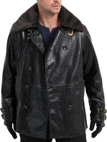 Black Mens Leather Jacket Faux Fur Collar Classic Warm Trench Coat Cosplay Costume in Saudi Arabia