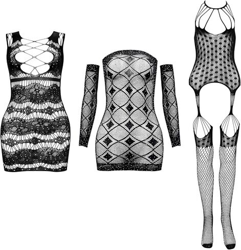 3 Pieces Womens Sexy Fishnet Bodystocking Crotchless Bodysuit Sheer High Elasticity Mesh Lingerie in Kuwait
