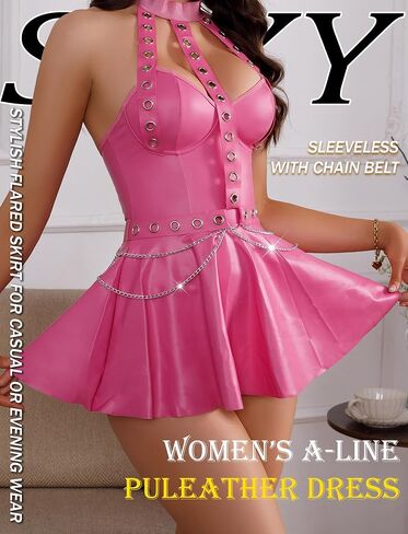 Women's Sexy Lingerie Set Halter Bodycon Party Dress PU Leather Pleated Mini Skirt Outfit with Thongs in Saudi Arabia