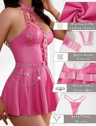 Women's Sexy Lingerie Set Halter Bodycon Party Dress PU Leather Pleated Mini Skirt Outfit with Thongs in Saudi Arabia