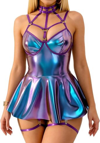 Women's Sexy Lingerie Set Halter Bodycon Party Dress PU Leather Pleated Mini Skirt Outfit with Thongs in Saudi Arabia