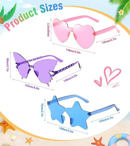 Pibupibu 48 Pack Colorful Fun Heart/Star/Butterfly Sunglasses Bulk Adults Unisex Rimless Party Glasses Set in Kuwait
