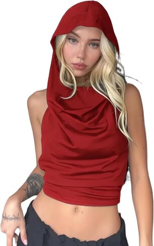 Sexy Backless Hooded Halter Top for Women | Stretchy Festival Crop Top | Rave, Concert & Party Wear with Adjustable Tie in Saudi Arabia