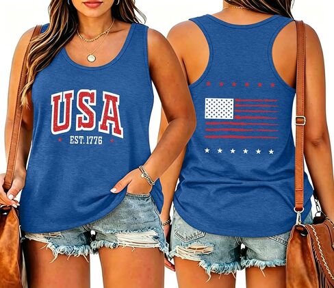 قمصان الولايات المتحدة الأمريكية مقاس كبير للنساء: قميص الرابع من يوليو بدون أكمام العلم الأمريكي تي شيرت يوم الاستقلال الدبابات سترة Racerback in Kuwait