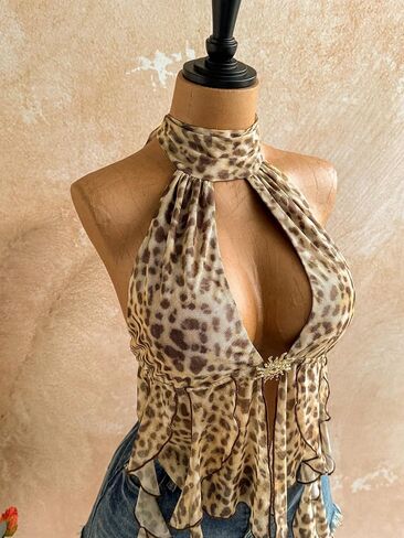 Verdusa Women's Cheetah Print Halter Top Rave Flowy Y2K Ruffle Tops Going Out Outfits in Kuwait