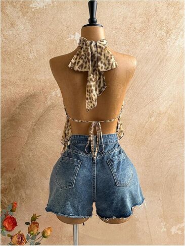 Verdusa Women's Cheetah Print Halter Top Rave Flowy Y2K Ruffle Tops Going Out Outfits in Kuwait