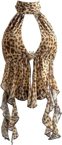 Verdusa Women's Cheetah Print Halter Top Rave Flowy Y2K Ruffle Tops Going Out Outfits in Kuwait