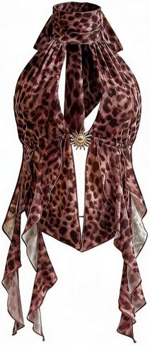 Verdusa Women's Cheetah Print Halter Top Rave Flowy Y2K Ruffle Tops Going Out Outfits in Kuwait