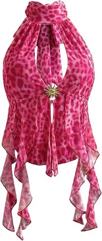 Verdusa Women's Cheetah Print Halter Top Rave Flowy Y2K Ruffle Tops Going Out Outfits in Kuwait