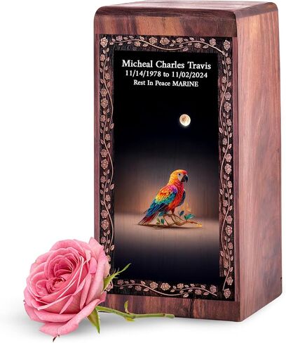 Engraved Parrot Wood Urns for Human Ashes - 11 Inch Large Decorative Wooden Box - Wooden Urns for Human Ashes Adult Man & Women - Handcrafted Blue Funeral Urn for Loved One in Kuwait