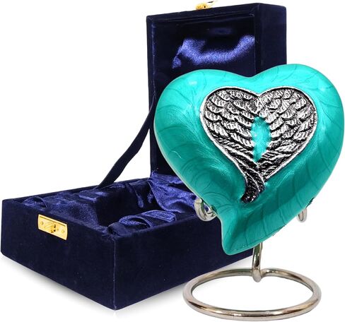 NORSE'S TRADECRAFT Heart Mini Urn for Ashes Adult Male, Female, Metal, Sea Green with Angel Wing Design, Memorial Gifts with Velvet Box, Handcrafted Cremation Urns for Human Ashes and Pet, 3 cu in in Saudi Arabia