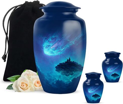 Fishing Cremation Urns for Human Ashes Adult Female & Male - Blue Fisherman Urn for Ashes for Women - Decorative Urns for Mom, Funeral, Burial, Home - Handcrafted Large Size - 10 Inch in Saudi Arabia