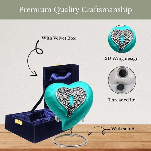 NORSE'S TRADECRAFT Heart Mini Urn for Ashes Adult Male, Female, Metal, Sea Green with Angel Wing Design, Memorial Gifts with Velvet Box, Handcrafted Cremation Urns for Human Ashes and Pet, 3 cu in in Saudi Arabia