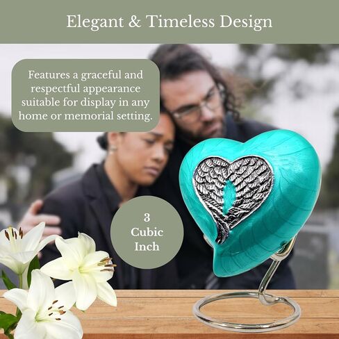 NORSE'S TRADECRAFT Heart Mini Urn for Ashes Adult Male, Female, Metal, Sea Green with Angel Wing Design, Memorial Gifts with Velvet Box, Handcrafted Cremation Urns for Human Ashes and Pet, 3 cu in in Saudi Arabia