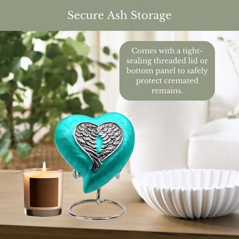 NORSE'S TRADECRAFT Heart Mini Urn for Ashes Adult Male, Female, Metal, Sea Green with Angel Wing Design, Memorial Gifts with Velvet Box, Handcrafted Cremation Urns for Human Ashes and Pet, 3 cu in in Saudi Arabia